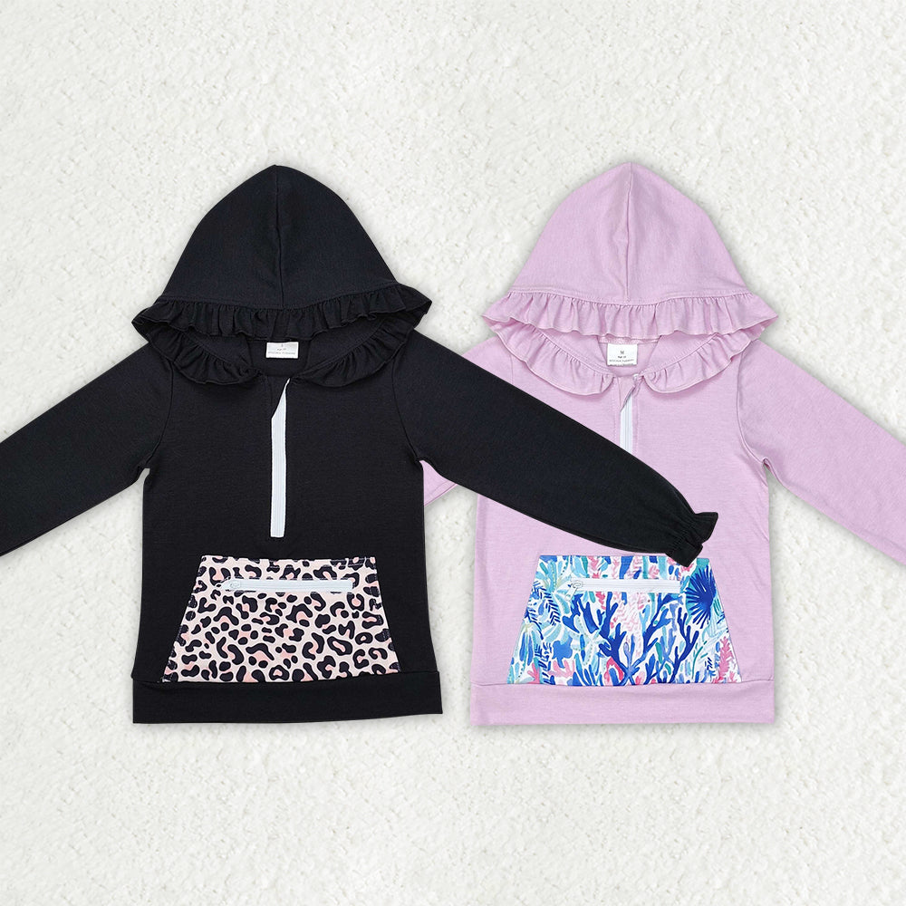 Baby Girl Toddler Long Sleeves Ruffle Hoodie Leopard Flower Pocket Sibling Zipper Shirt Tops RTS