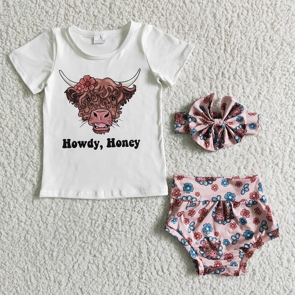 Promotion Baby Girl Howdy Honey Western Cow Floral Bummies Outfit
