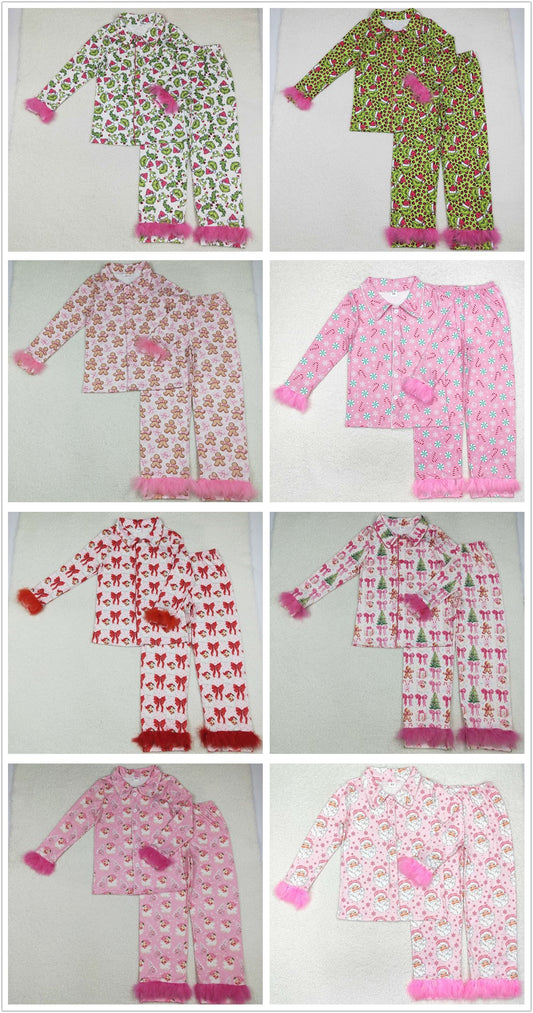 Sibling Adult Women Fur Long Sleeves Christmas Buttons Shirt Pants Pajamas Clothes Sets RTS