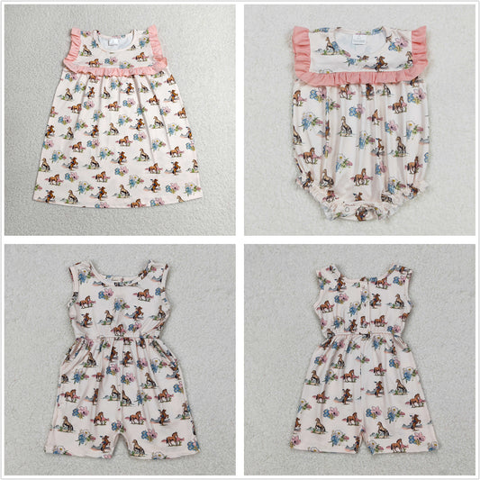 Sibling Baby Girls Kids Flower Horses Romper Dress Set Summer Clothes RTS