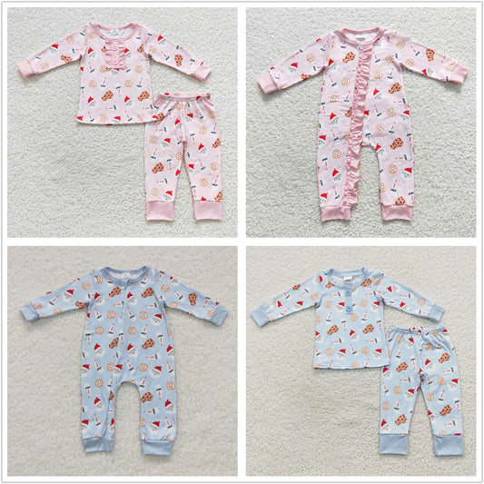 Sibling Boys Girls Kids Cookies Milks Santa Christmas Zipper Romper Pajamas Sets RTS