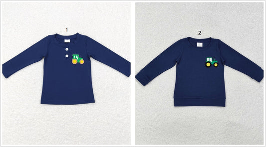 Sibling Boys Kids Navy Long Sleeves Embroidery Trucks Farm Cotton Shirt Tops