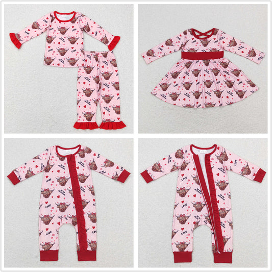 Sibling Baby Girls Hearts Highland Cows Top Ruffle Pants Valentine Pajamas Sets Zipper Footie Rompers