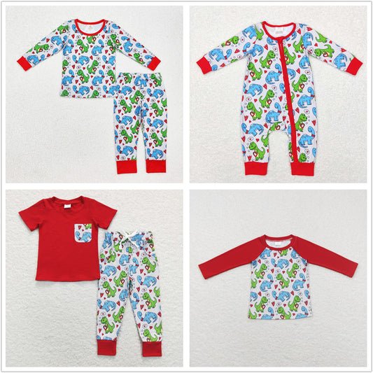 Sibling Baby Boys Kids Long Sleeves Valentines Dinosaur Hearts Zipper Romper Pajamas Sets RTS