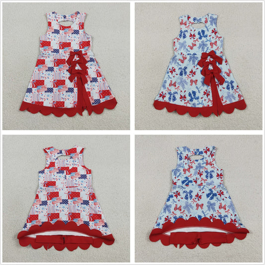 Sibling Baby Girls Kids Bows Flags 4th of July Yoga Active Shorts Knee Length Dresses RTS