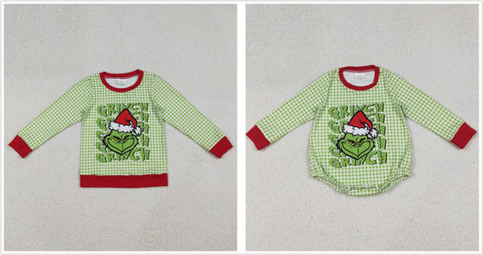 Sibling Baby Boys Long Sleeves Green Face Christmas Plaid Romper Shirt RTS