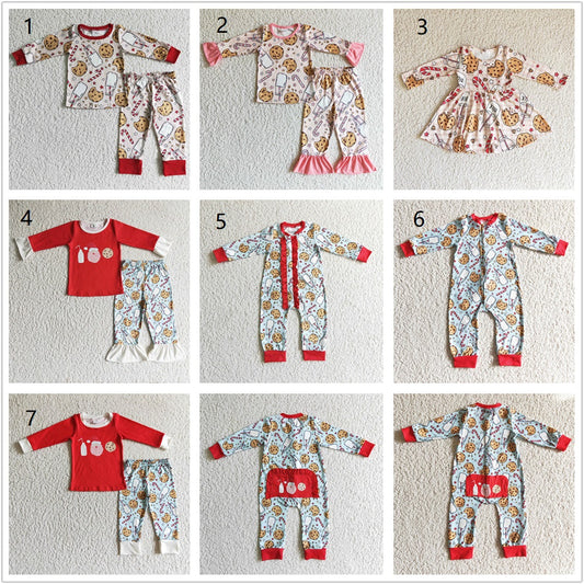 Girls Boys Long Sleeves Christmas Cookies Milk Sibling Christmas Romper Dress Pajamas Clothes RTS