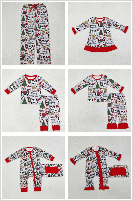 Sibling Boys Girls Kids Christmas Cows Farm Zipper Romper Dress Set Pajamas Clothes RTS
