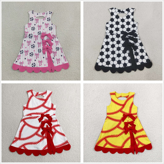 Sibling Baby Girls Kids Sleeveless Bows Stripes Scallop Yoga Active Ball Game Dresses RTS