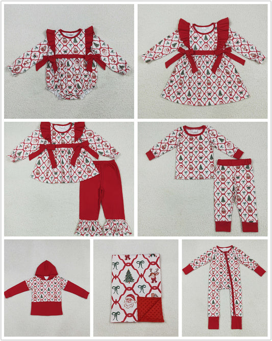 Sibling Girls Kids Toddler Long Sleeves Santa Bows Sibling Christmas Blanket Romper Dress Set RTS