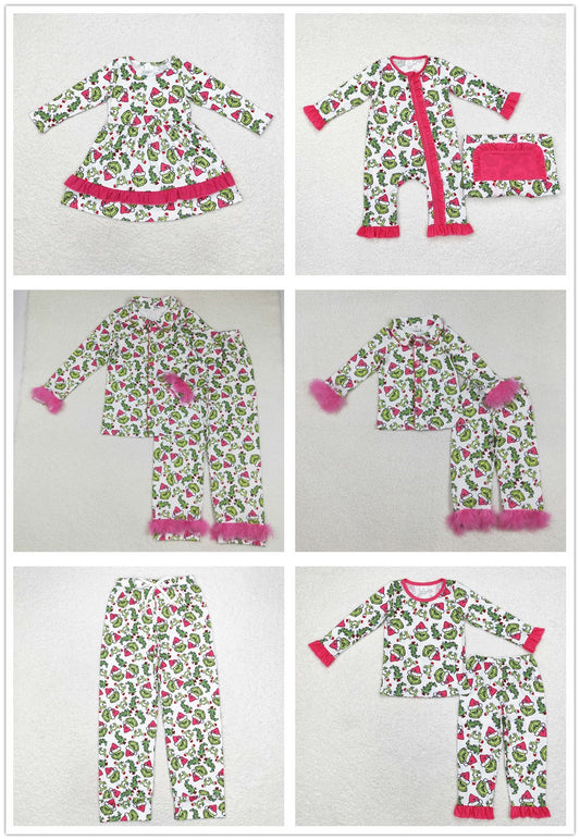 Boys Girls Adult Family Christmas Green Face Sibling Dress Romper Set Kids Pajamas RTS