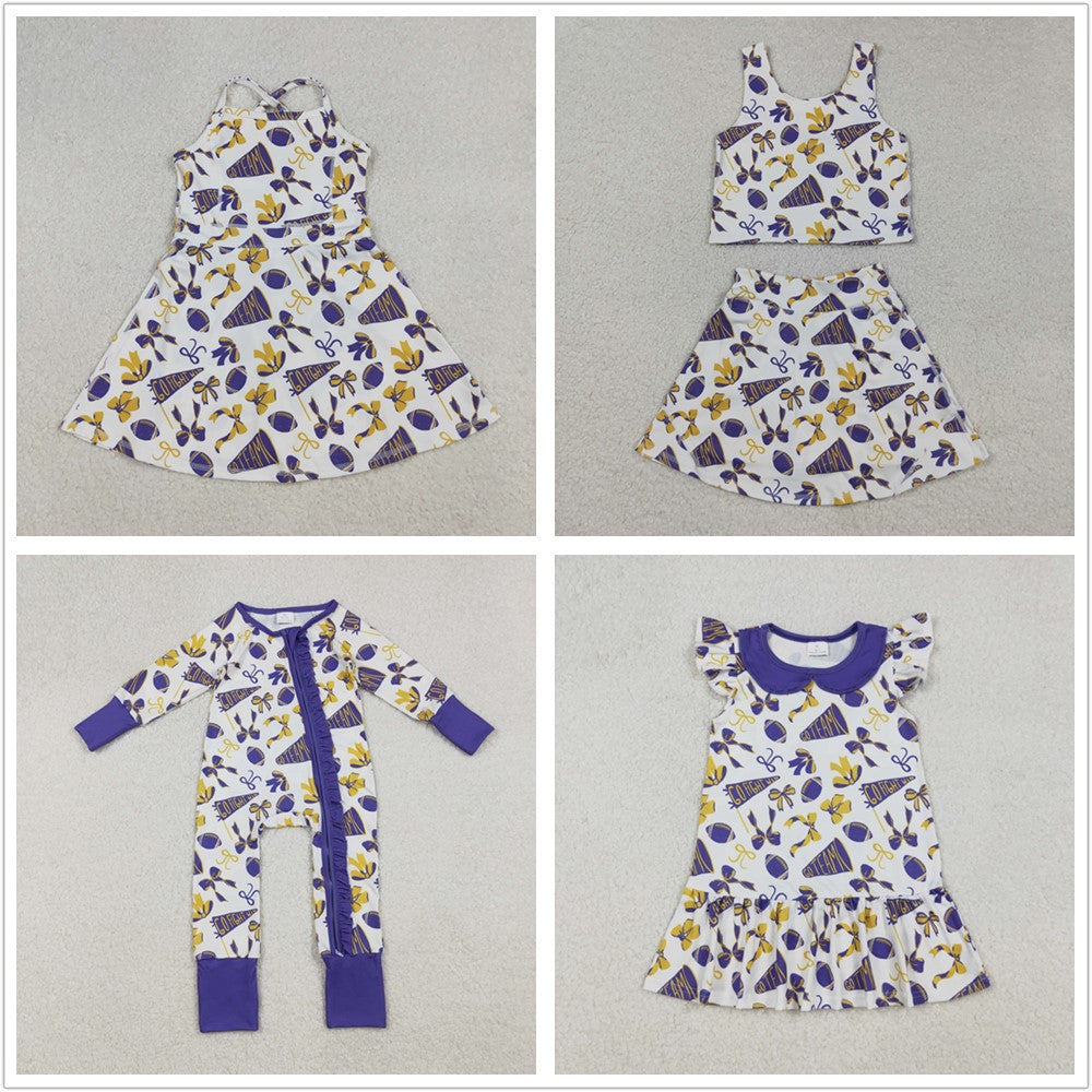 Sibling Baby Girl Kids Cheer Purple Bows Football Team Zipper Romper Dress Set RTS