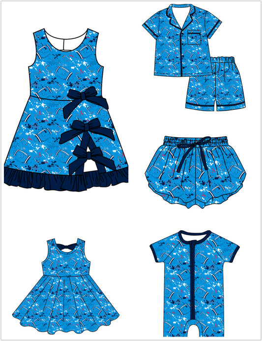 ( Moq 5 Each Style ) Baby Boys Girls Kids Football Sibling Shorts Romper Bows Dresses Set Team Blue Clothes