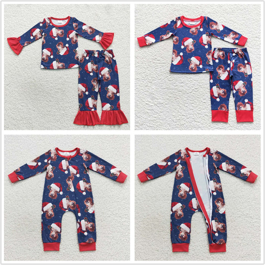 Sibling Boys Girls Long Sleeves Christmas Cows Zipper Romper Pajamas Set Clothes RTS