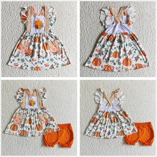 Baby Girl Short Sleeves Embroidery Pumpkins Flower Pockets Sibling Dress Outfit Clothes RTS