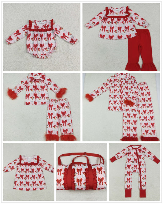 Girls Kids Adult Woman Long Santa Red Bows Sibling Family Christmas Romper Dress Outfit Bag RTS