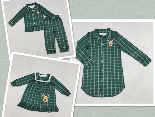 Sibling Boys Girls Adult Women Christmas Embroidery Deer Green Plaid Dress Pajamas Shirt Set RTS