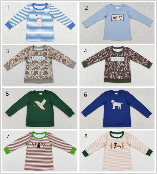 Sibling Boys Kids Long Sleeves Embroidery Dogs Ducks Deer Hunting Shirt Tops RTS