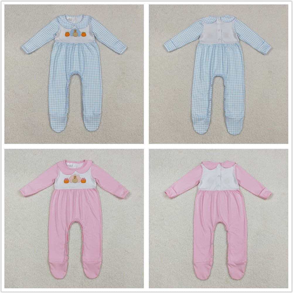 Sibling Boys Girls Infant Long Sleeves Embroidery turkey Pumpkins Thanksgiving Footies Romper RTS