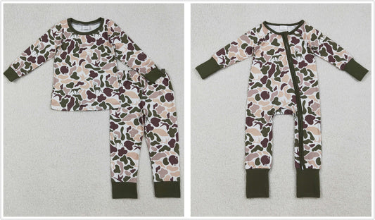Sibling Boys Kids Long Sleeves Ducks Dogs Camo Hunting Zipper Romper Pajamas Set RTS