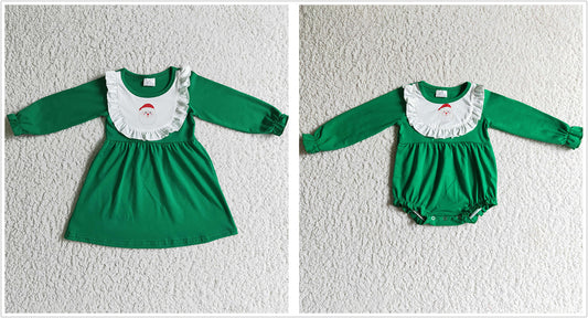 Sibling Girls Kids Green Long Sleeves Santa Christmas Romper Dress Clothes RTS