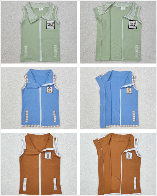 Baby Kids Toddler Sleeveless Embroidery Deer Dog Duck Pockets Sibling Zipper Tops