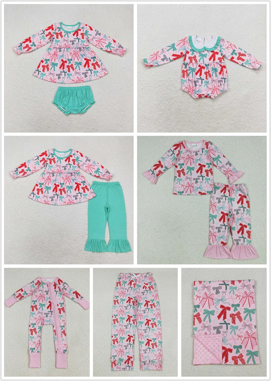 Girls Kids Adult Woman Long Sleeves Christmas Red Green Bows Sibling Family Romper Pajamas Pants Set RTS