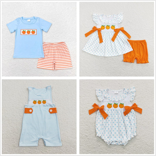 Baby Boy Girl Short Sleeves Embroidery Peaches Tunic Shorts Sibling Summer Romper Set Clothes RTS