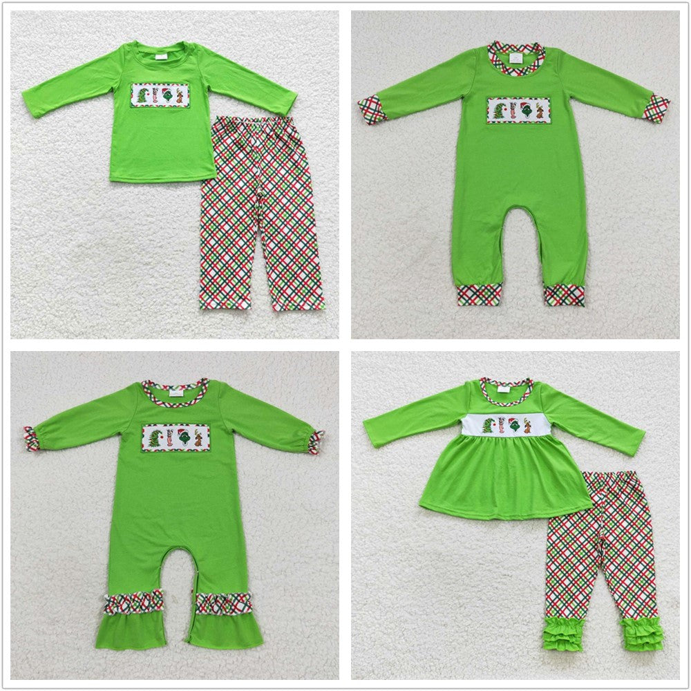 Sibling Boys Girls Long Sleeves Embroidery Green Face Christmas Romper Set Clothes RTS