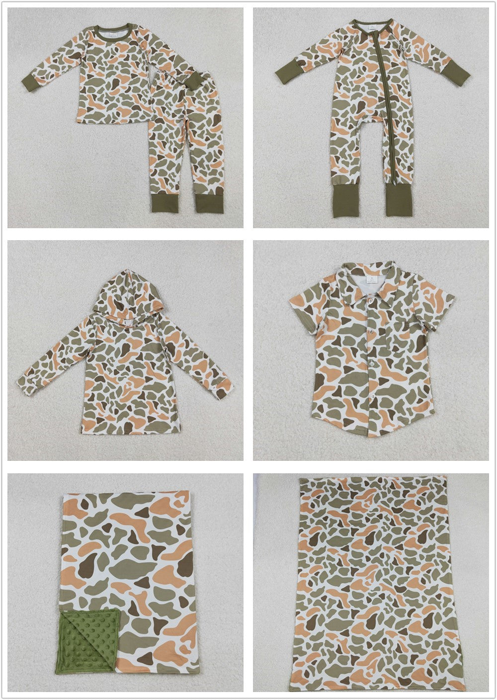 Sibling Boys Kids Green Orange Camo Shirt Pajamas Set Hunting Blanket Clothes RTS