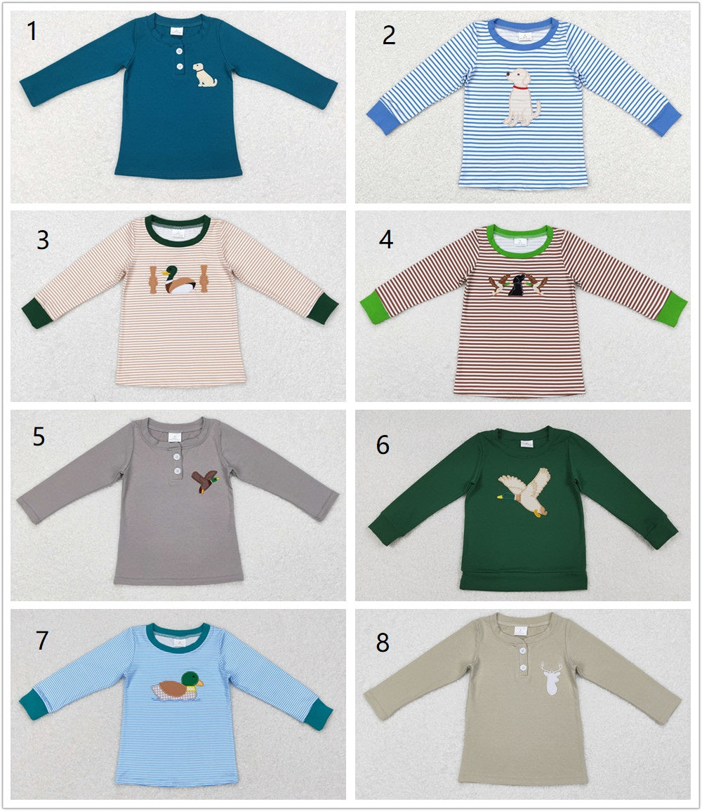 Sibling Boys Kids Long Sleeves Embroidery Ducks Dogs Deer Hunting Shirt Tops