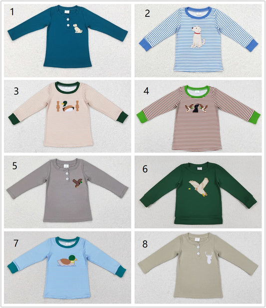 Sibling Boys Kids Long Sleeves Embroidery Ducks Dogs Deer Hunting Shirt Tops