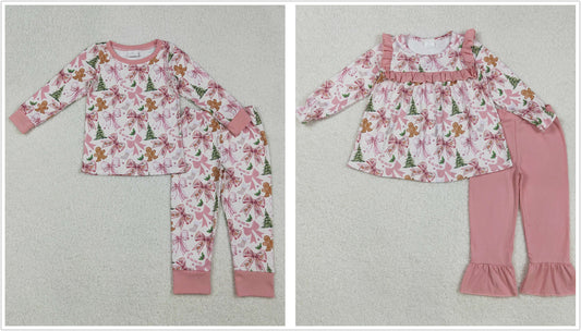 Sibling Baby Girl Long Sleeves Christmas Bows Trees Gingerbread Shirt Pants Set RTS