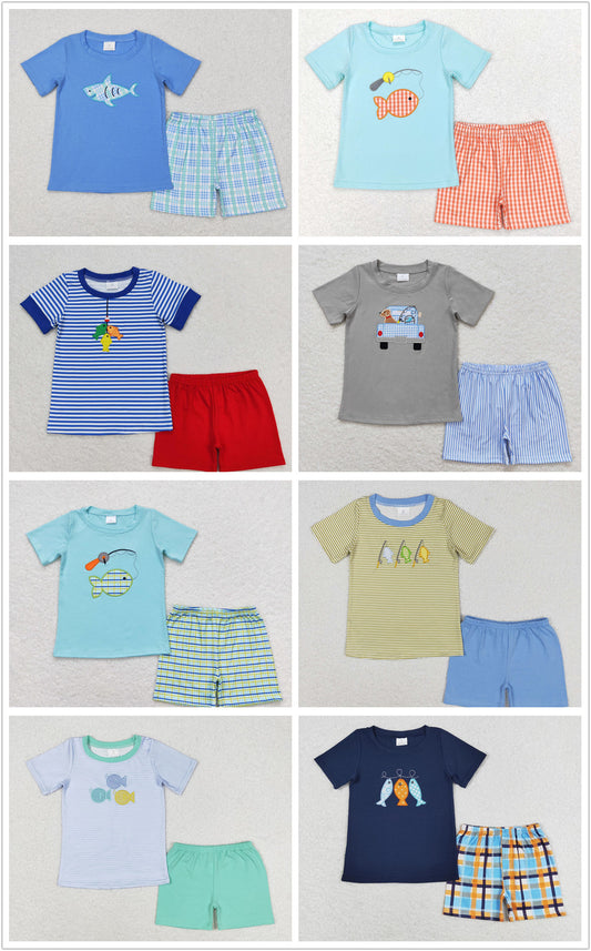 Baby Boy Short Sleeves Embroidery Fishing Shirt Summer Shorts Sibling Clothes Set RTS
