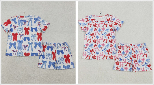 Sibling Baby Girls Short Sleeves Bows Shirts Shorts 4th Of July Pajamas Sets RTS