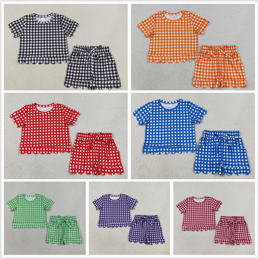Sibling Baby Girls Kids Short Sleeves Plaid Shirts Scallop Shorts Sets Summer Clothes RTS
