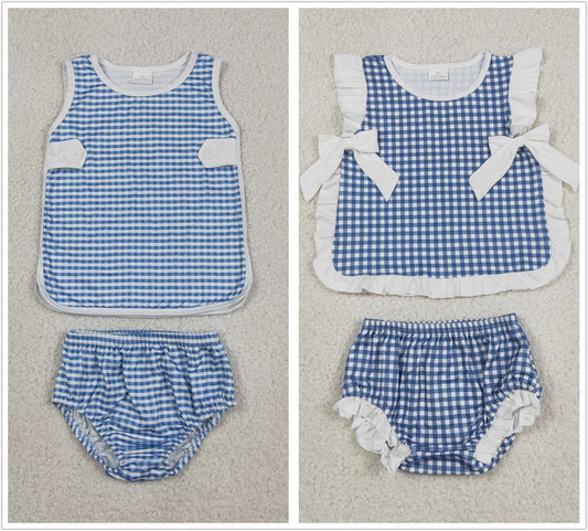 Sibling Baby Boys Girls Kids Blue Plaid Tops Bummie Shorts Sets Summer Clothes RTS