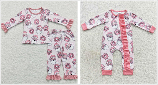 Sibling Baby Girls Infant Long Sleeves Christmas Santa Floral Zipper Romper Pajamas Set RTS