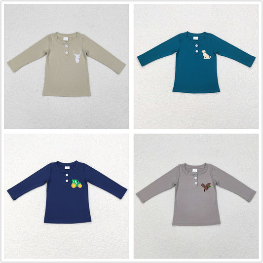 Sibling Baby Boy Long Sleeves Embroidery Tractor Dog Duck Deer Buttons Shirt Tops RTS