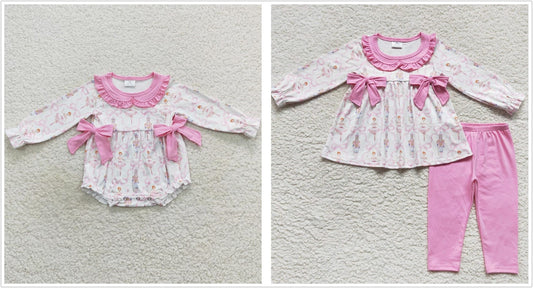 Sibling Baby Girls Kids Long Sleeves Soldier Pink Bows Christmas Romper Set Clothes RTS