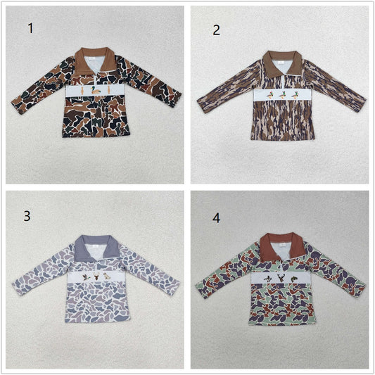 Sibling Boys Kids Long Sleeves Embroidery Dogs Ducks Deer Hunting Zipper Shirt Tops