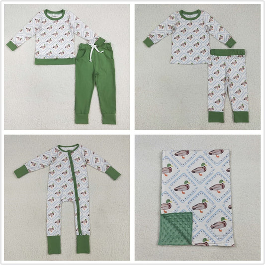 Baby Boy Toddler Long Sleeves Ducks Plaid Sibling Zipper Romper Pajamas Set Blanket RTS