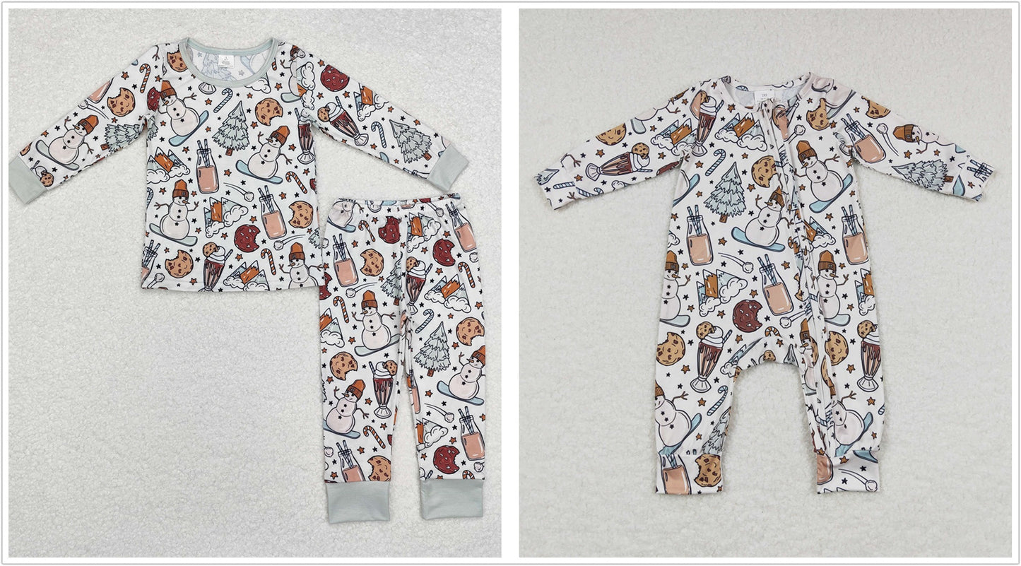 Sibling Baby Boys Girls Infant Long Sleeves Christmas Snowman Cakes Zipper Romper Pajamas Set RTS