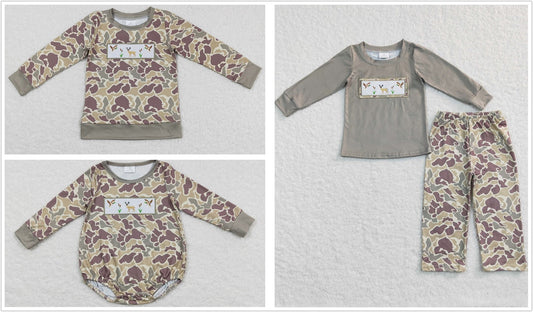 Sibling Baby Boy Long Sleeves Embroidery Ducks Deer Camo Hunting Romper Shirt Outfit RTS