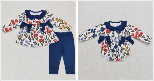 Sibling Baby Girls Kids Long Sleeves Bows Flower Bubble Romper Clothes Set RTS