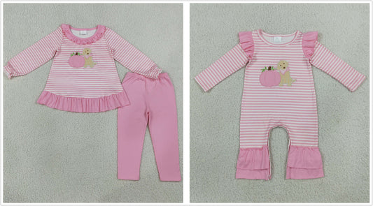 Sibling Baby Girls Kids Embroidery Pumpkins Dogs Stripes Romper Thanksgiving Set Pink Clothes RTS