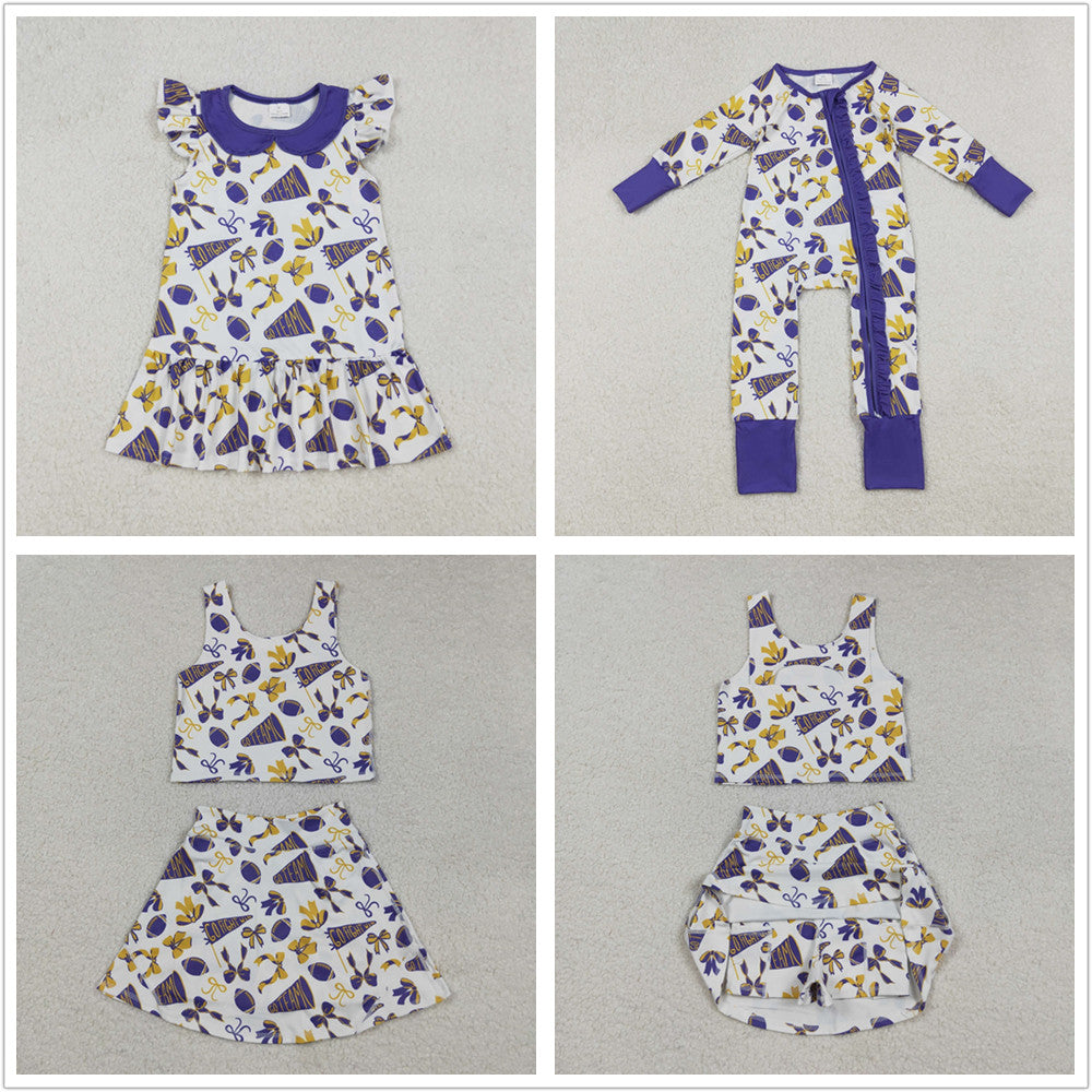 Sibling Girl Kids Cheer Purple Bows Football Team Zipper Romper Dress Set RTS