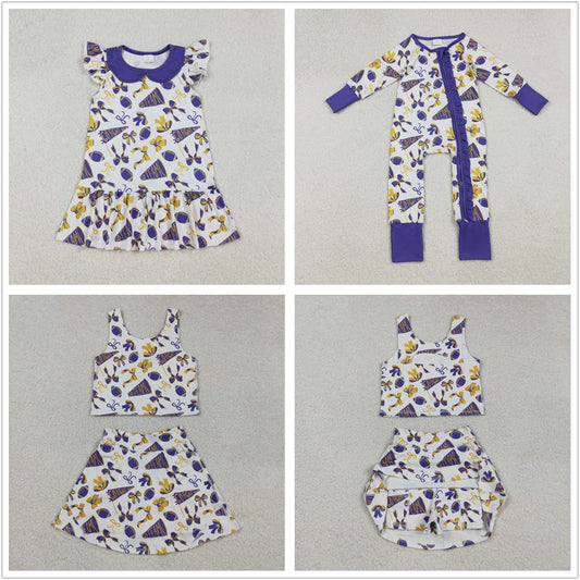 Sibling Girl Kids Cheer Purple Bows Football Team Zipper Romper Dress Set RTS