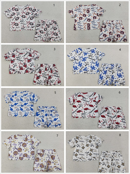 Sibling Baby Girls Kids Short Sleeves Bows Shirts Pockets Shorts Team Sets Scallop Clothes RTS