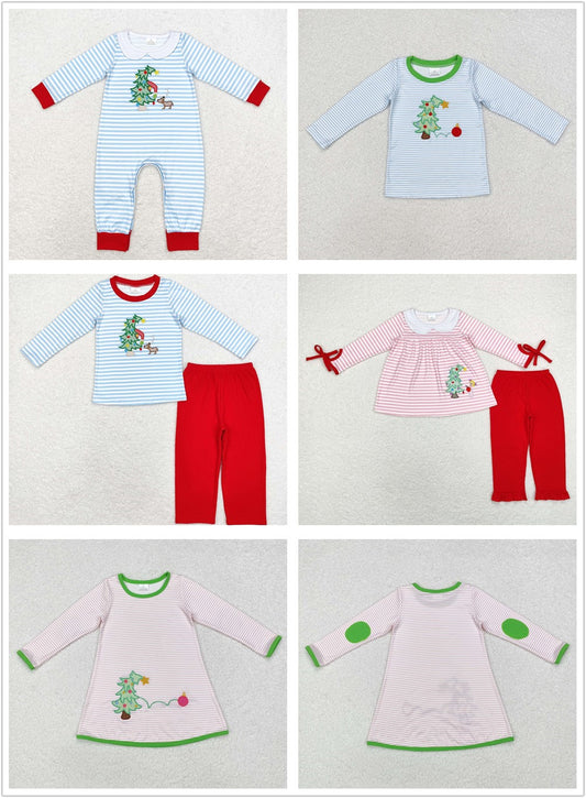 Sibling Boys Girls Long Sleeves Christmas Embroidery Tree Dog Romper Dress Set RTS